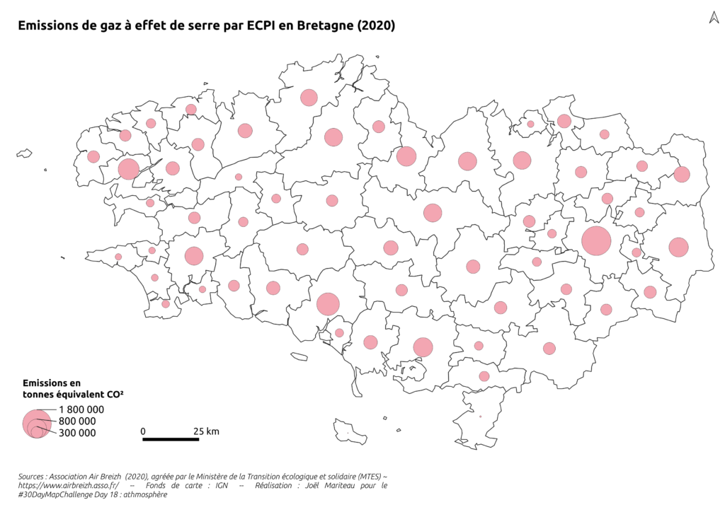 Carte des émissions de gaz à effet de serre en Bretagne par ECPI, qui montre que les secteurs urbains (qui concentre l'essentiel des activités) sont les plus gros émetteurs.